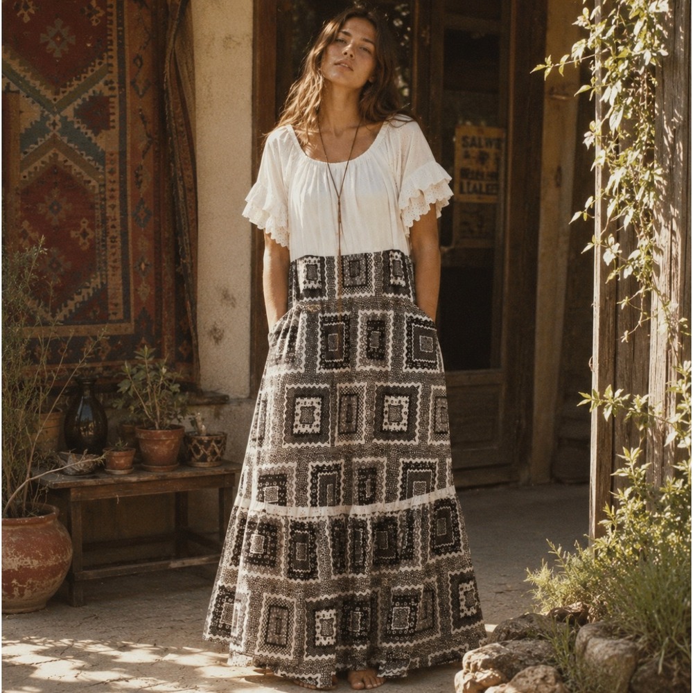 Vintage 70s Maxi Dress Prairie Eyelet Milkmaid Ruffle Cottagecore Patchwork M L